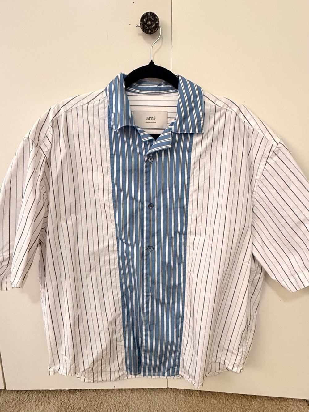 Ami White Shirt with Blue Striped Center Panel